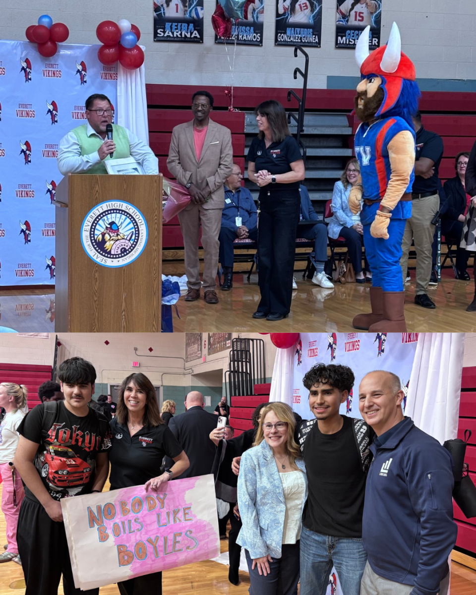 Combo Photo. Top photo of LSEA President Chuck Alberts and LASA leadership honoring Amy. Bottom photo of Amy with Myaor Schor with Everett High School students