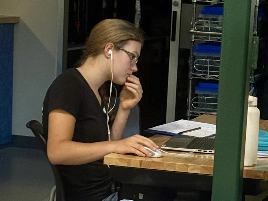 student wearing earbuds working at table with laptop