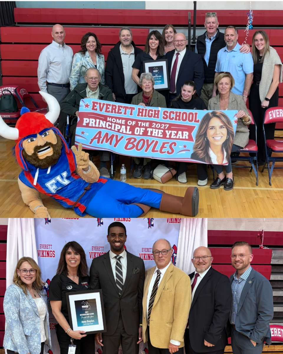 Combo Photo. Top Photo of Amy Boyles with family and EHS Mascot. Bottom photo of Amy Boyles Lansing SD leadership, Lansing City Council and guests.