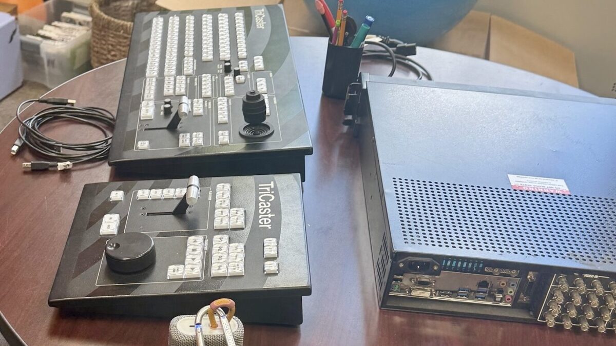 Video editing and production equipment on a table